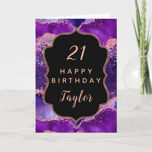 Dark Purple and Pink Sequins Agate Happy Birthday Card (Front)