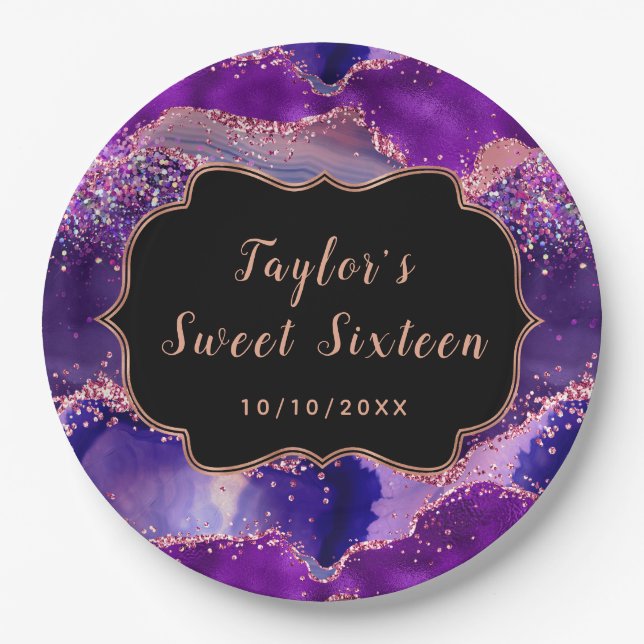 Dark Purple and Pink Sequins Agate Sweet Sixteen Paper Plate (Front)