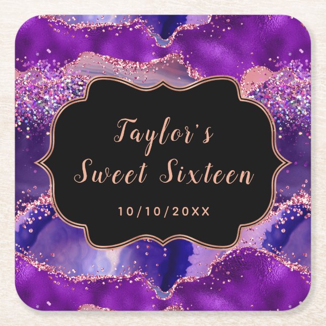 Dark Purple and Pink Sequins Agate Sweet Sixteen Square Paper Coaster (Front)