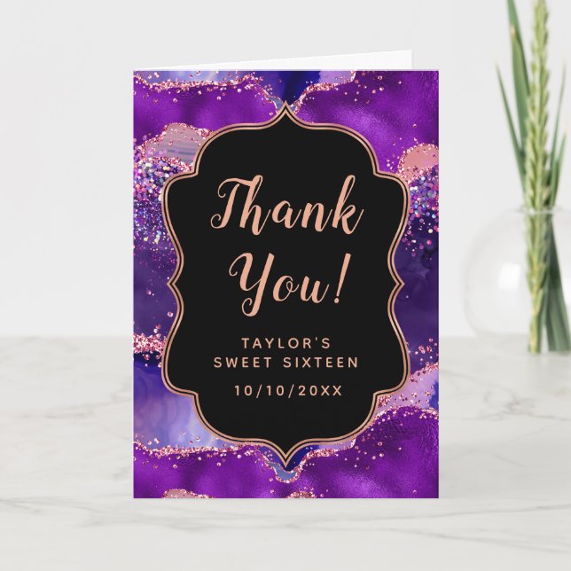 Dark Purple and Pink Sequins Agate Sweet Sixteen Thank You Card (Front)