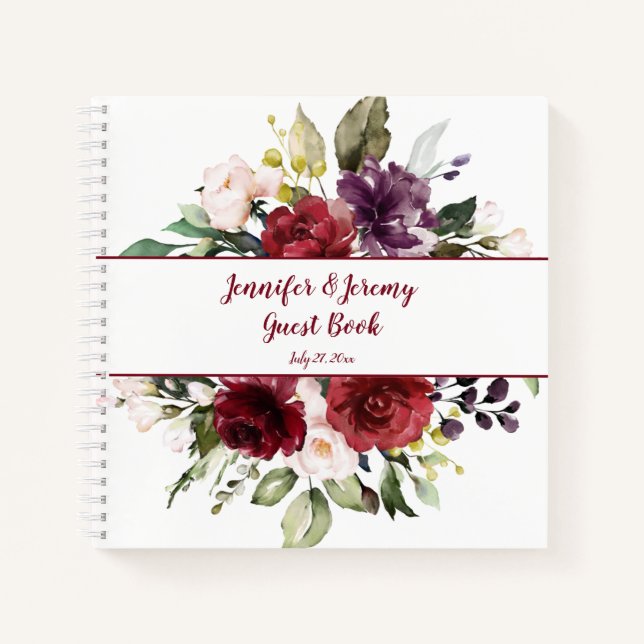 Dark Purple and Red Watercolor Floral Guest Book (Front)