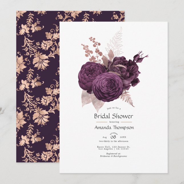 Dark Purple and Rose Gold Floral Bridal Shower Invitation (Front/Back)