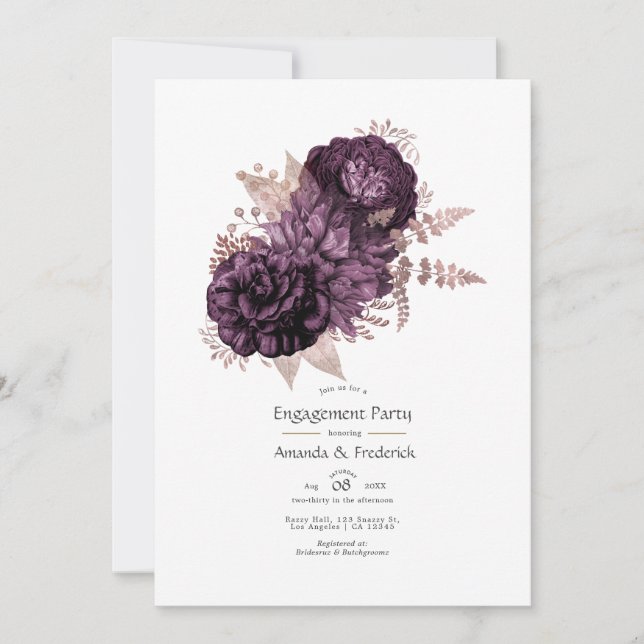Dark Purple and Rose Gold Floral Engagement Party Invitation (Front)