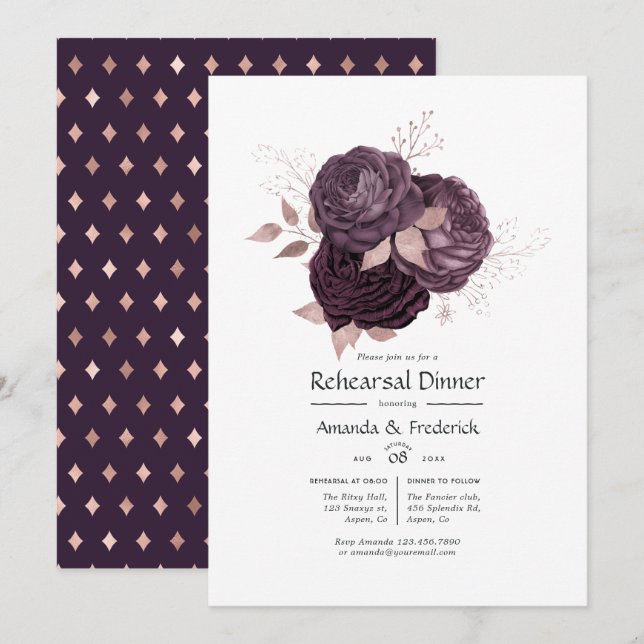 Dark Purple and Rose Gold Floral Rehearsal Dinner Invitation (Front/Back)
