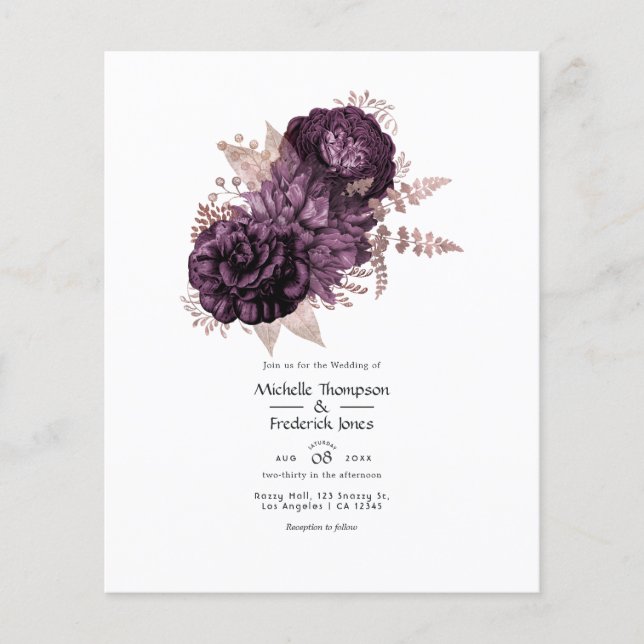 Dark Purple and Rose Gold Floral Wedding Flyer (Front)