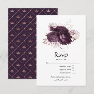 Dark Purple and Rose Gold Floral Wedding RSVP Card
