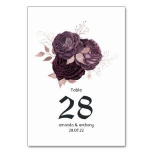 Dark Purple and Rose Gold Floral Wedding Table Number