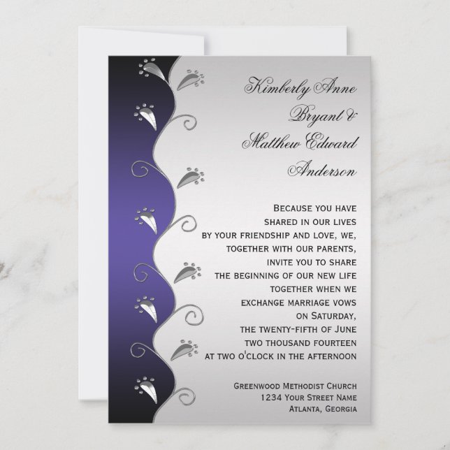 Dark Purple and Silver Swirls Wedding Invitation (Front)