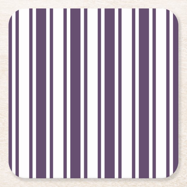 Dark purple and white candy stripes square paper coaster (Front)