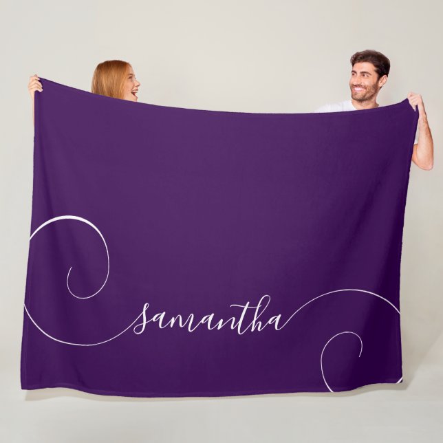 Dark Purple and White Curly Signature Name Fleece Blanket (In Situ)