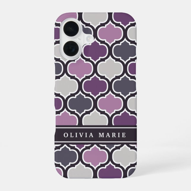 Dark Purple Arabesque Pattern Personalised Name iPhone 16 Case (Back)