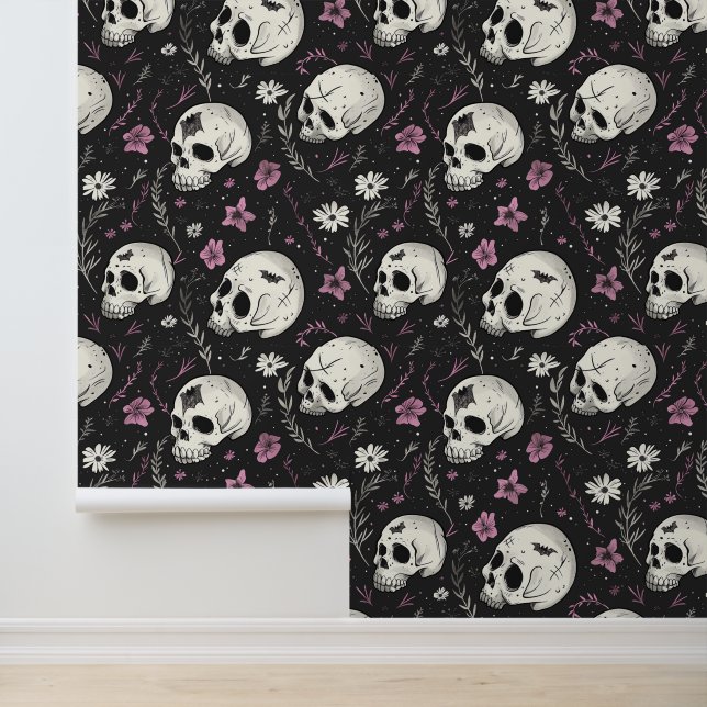 Dark Purple Black Skull Pink Flowers Gothic  Wallpaper (Application)