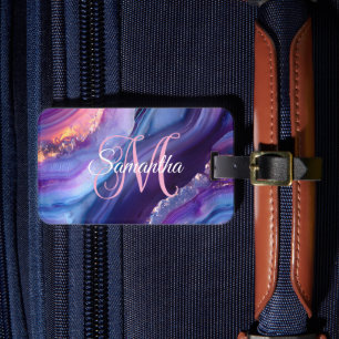 Dark Purple Blue and Pink Agate Luggage Tag