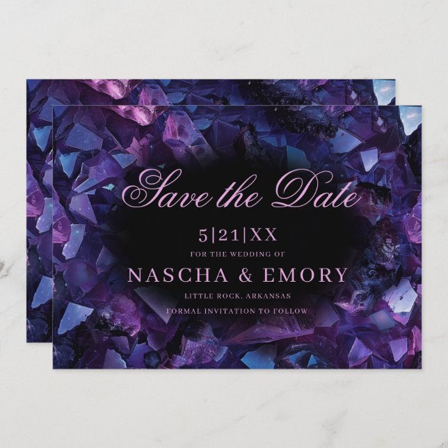 Dark Purple Boho Witch Crystals Black Wedding Save The Date (Front/Back)