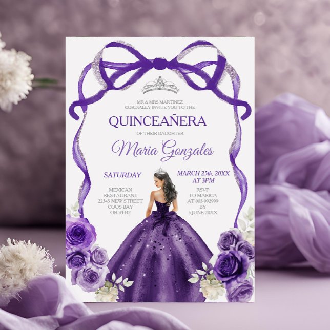 Dark Purple Bow Princess Silver Crown Quinceañera Invitation (Creator Uploaded)