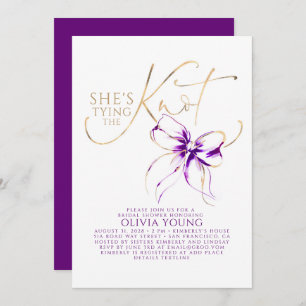Dark Purple Bow She's Tying The Knot Bridal Shower Invitation