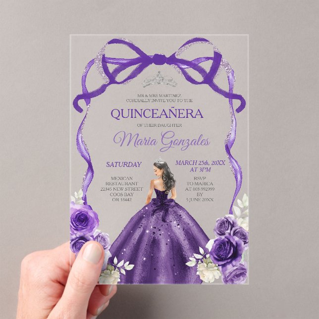Dark Purple Bow Silver Crown Princess Quinceañera Acrylic Invitations (Insitu (Handheld))