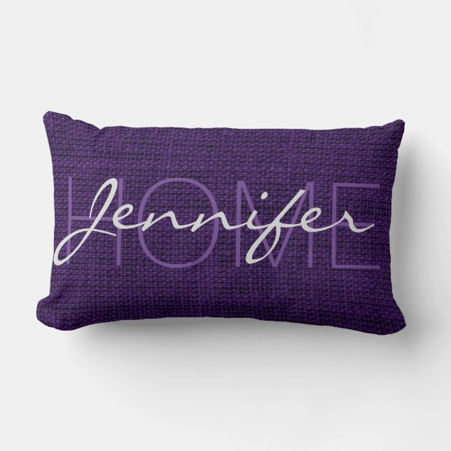 Dark Purple Burlap Rustic Monogram Lumbar Cushion (Front)