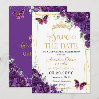 Dark Purple Butterflies Gold Quinceanera Sweet 16 Save The Date