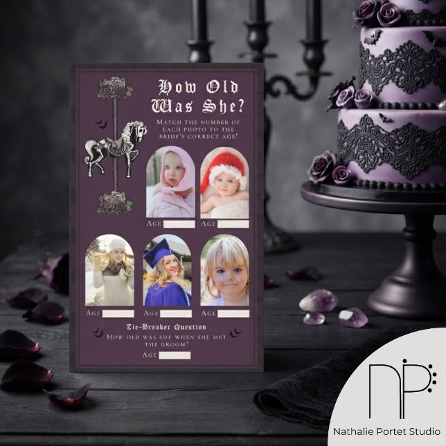 Dark Purple Carousel Horse How Old Was She Game (Dark Purple How Old Was She gothic bridal shower game for alternative moody bridal shower party)