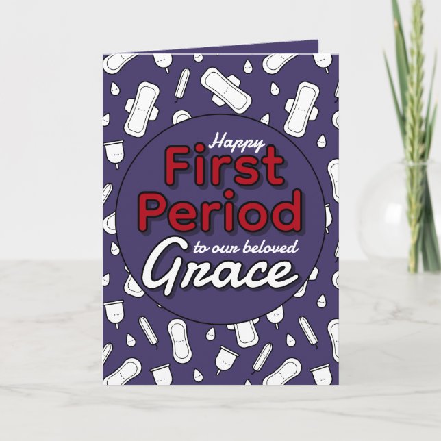 Dark Purple Cartoon Pad Tampon Teen First Period Card (Front)