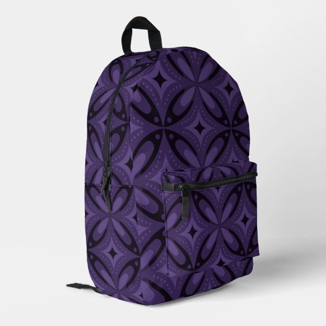Dark Purple Coloured Retro Pattern Printed Backpack (Back Corner Left)
