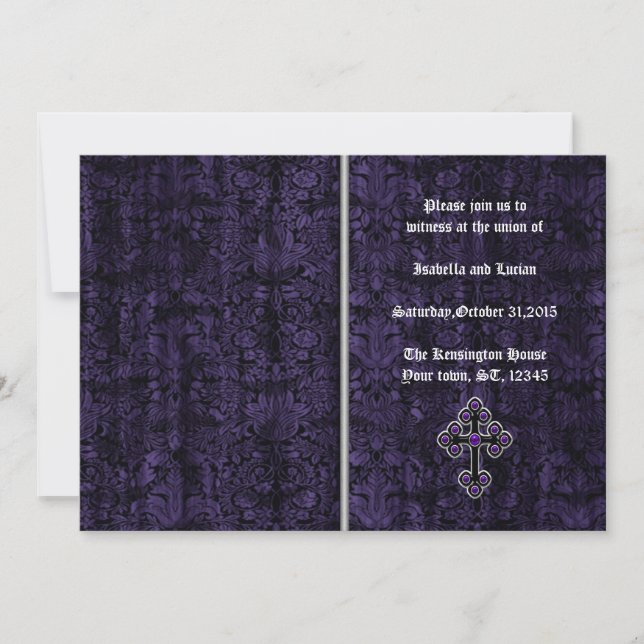 Dark Purple Damask Cross Gothic Wedding Invitation (Front)