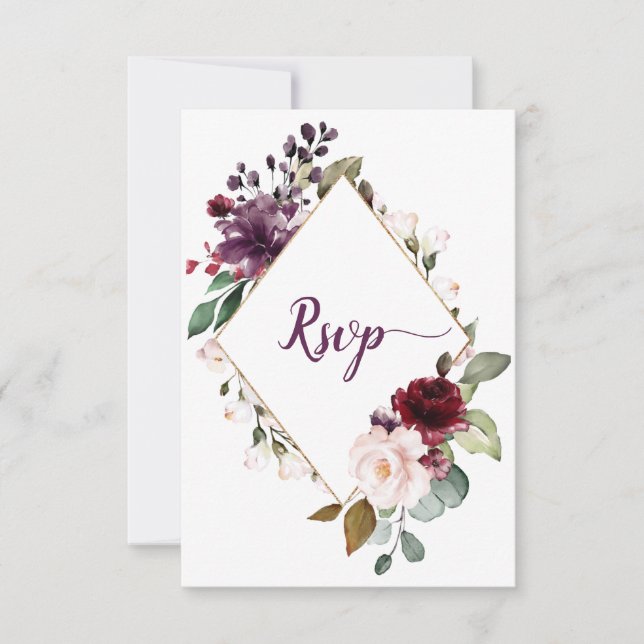 Dark Purple Dark Red Floral Framed RSVP Card (Front)