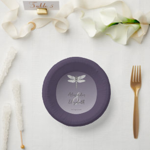 Dark Purple Dragonfly Wedding Paper Plate
