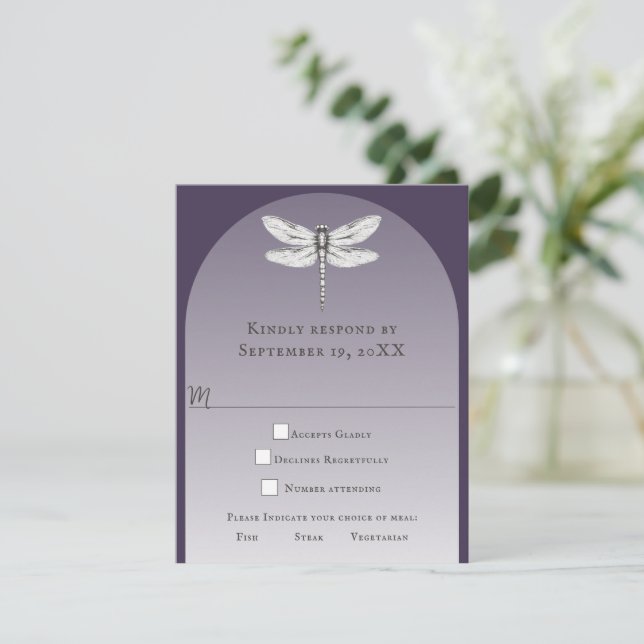 Dark Purple Dragonfly Wedding RSVP Card (Standing Front)
