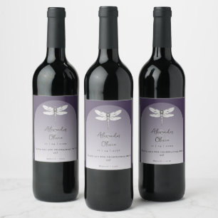 Dark Purple Dragonfly Wedding Wine Label