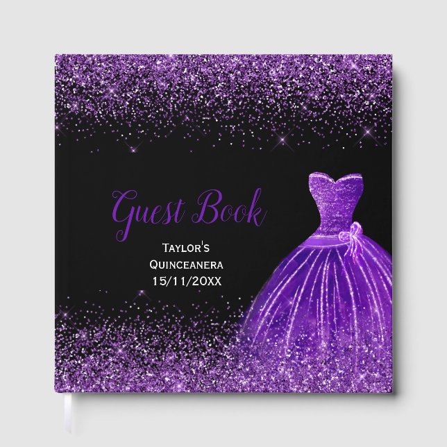 Dark Purple Dress Faux Glitter Quinceanera Guest Book (Front)