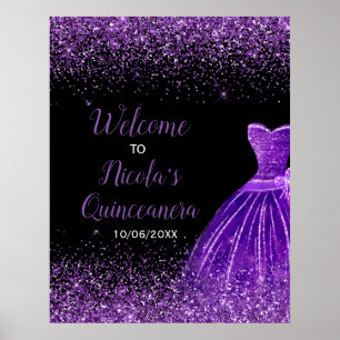 Dark Purple Dress Faux Glitter Quinceanera Welcome Poster
