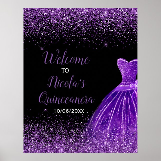 Dark Purple Dress Faux Glitter Quinceanera Welcome Poster (Front)