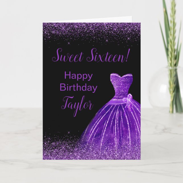 Dark Purple Dress Faux Glitter Sweet 16 Birthday Card (Front)