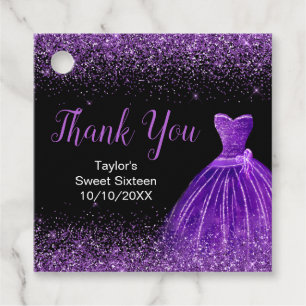 Dark Purple Dress Faux Glitter Sweet 16 Birthday Favour Tags