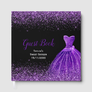 Dark Purple Dress Faux Glitter Sweet 16 Birthday Guest Book