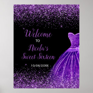 Dark Purple Dress Faux Glitter Sweet 16 Welcome Poster