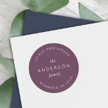 Dark Purple Family Name Return Address Classic Round Sticker<br><div class="desc">Dark Purple Family Name Return Address Classic Round Sticker features your family last name and address in white against a dark purple colour. Check out the matching wedding items https://www.zazzle.com/collections/mauve_layered_geometric_dark_purple_wedding-119712420789591185 Personalise it by replacing the placeholder text. For more options such as to change the font, it's size and spacing between...</div>