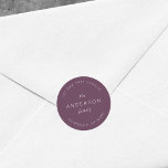 Dark Purple Family Name Return Address Modern Classic Round Sticker<br><div class="desc">Dark Purple Family Name Return Address Classic Round Sticker features your family last name and address in white against a dark purple colour. Check out the matching wedding items https://www.zazzle.com/collections/mauve_layered_geometric_dark_purple_wedding-119712420789591185 Personalise it by replacing the placeholder text. For more options such as to change the font, it's size and spacing between...</div>