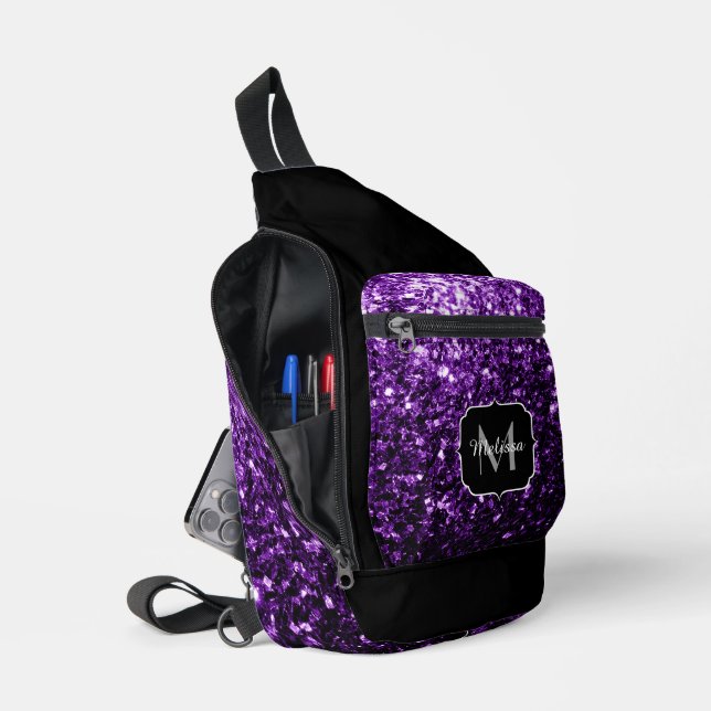 Dark purple faux glitter sparkles Black Monogram Sling Bag (Open)