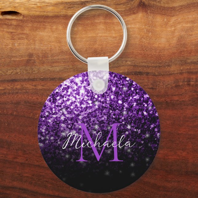 Dark Purple faux glitter sparkles bling Monogram Key Ring (Front)