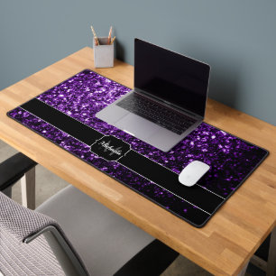 Dark purple faux glitter sparkles Monogram Desk Mat