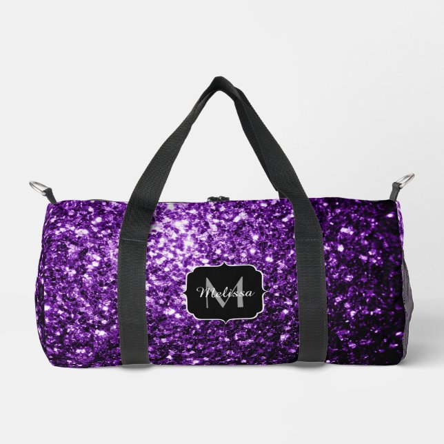 Dark purple faux glitter sparkles Monogram Duffle Bag (Front)