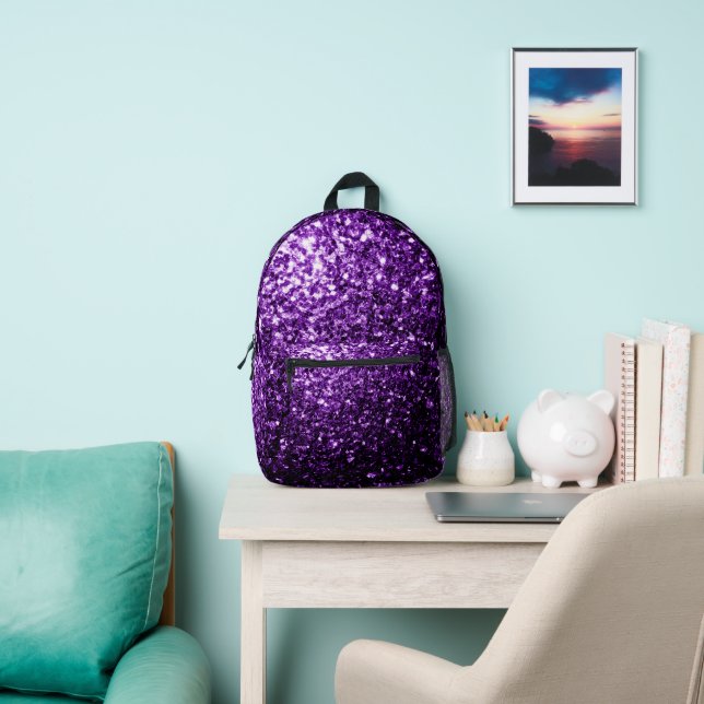 Dark purple faux glitter sparkles printed backpack (Insitu)