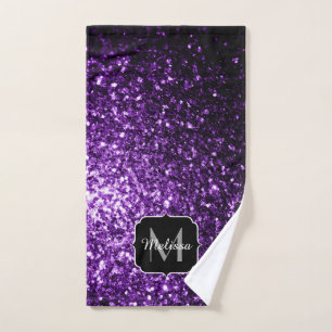 Dark Purple faux shiny glitter sparkles Monogram Bath Towel Set