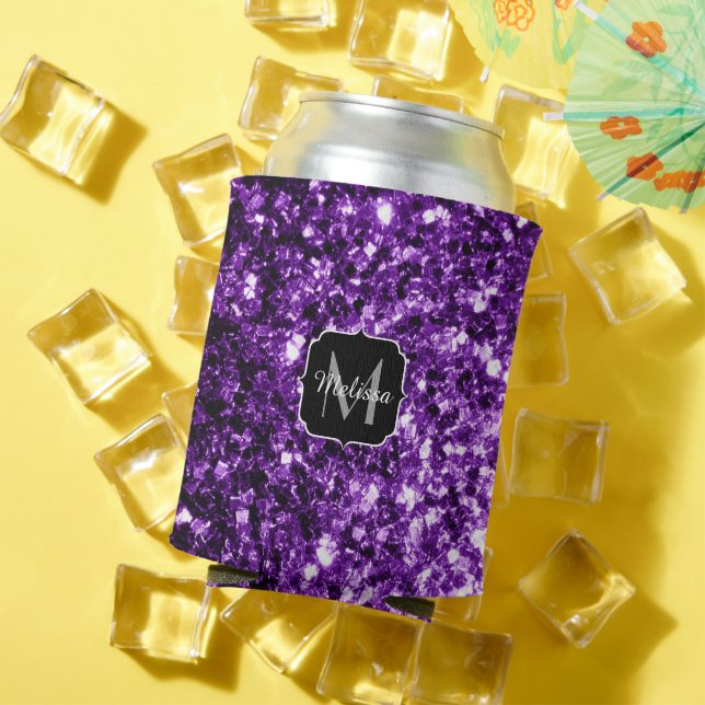 Dark Purple faux shiny glitter sparkles Monogram Can Cooler (In Situ Summer)