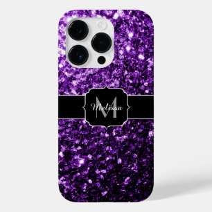 Dark Purple faux shiny glitter sparkles Monogram Case-Mate iPhone 14 Pro Case