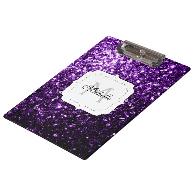 Dark Purple faux shiny glitter sparkles Monogram Clipboard (Angled)