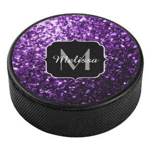 Dark Purple faux shiny glitter sparkles Monogram Hockey Puck
